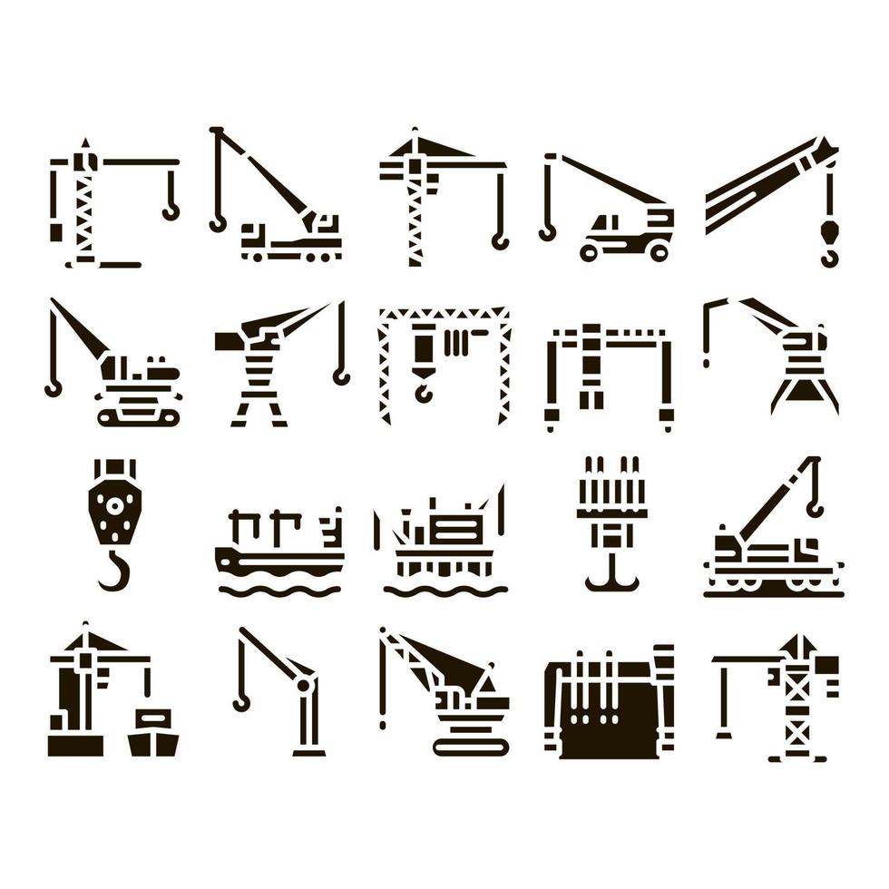 Crane Building Machine Glyph Set Vector