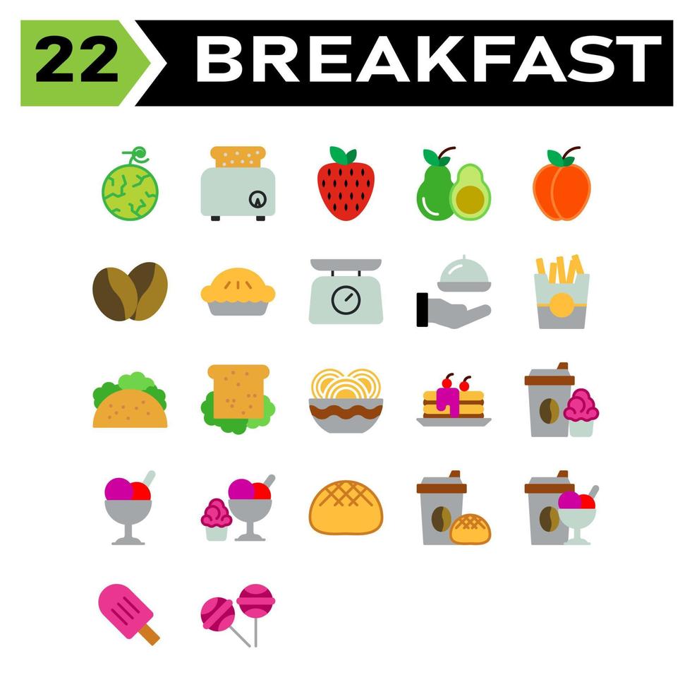 El juego de desayuno incluye salsa, tomate, ketchup, botella, desayuno, manzana, fruta, frutas, miel, tarro, abeja, olla, chocolate, bar, dulces, té, taza, café, bebida, melón, sandía, comida, tostadas, pan vector
