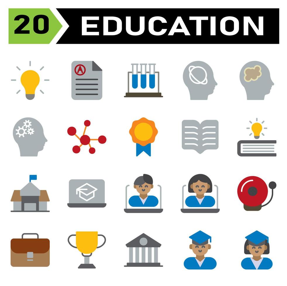 Education icon set include bulb, idea, light, genius, lamp, education, document, rapport, score, science, tube, test, biology, research, intelligence, artificial, head, planet, astronomy, brain, mind vector