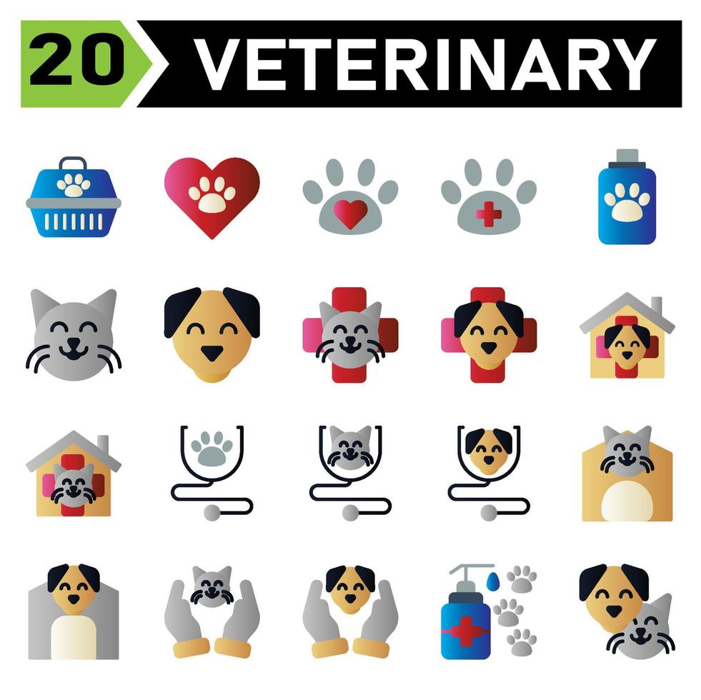 Veterinary icon set include carrier, vet, pet, box, cargo, love, paw, veterinary, clinic, pet care, animal lover, care, medic, shampoo, soap, grooming, cat, face, kitten, emoticon, dong, canine, puppy vector