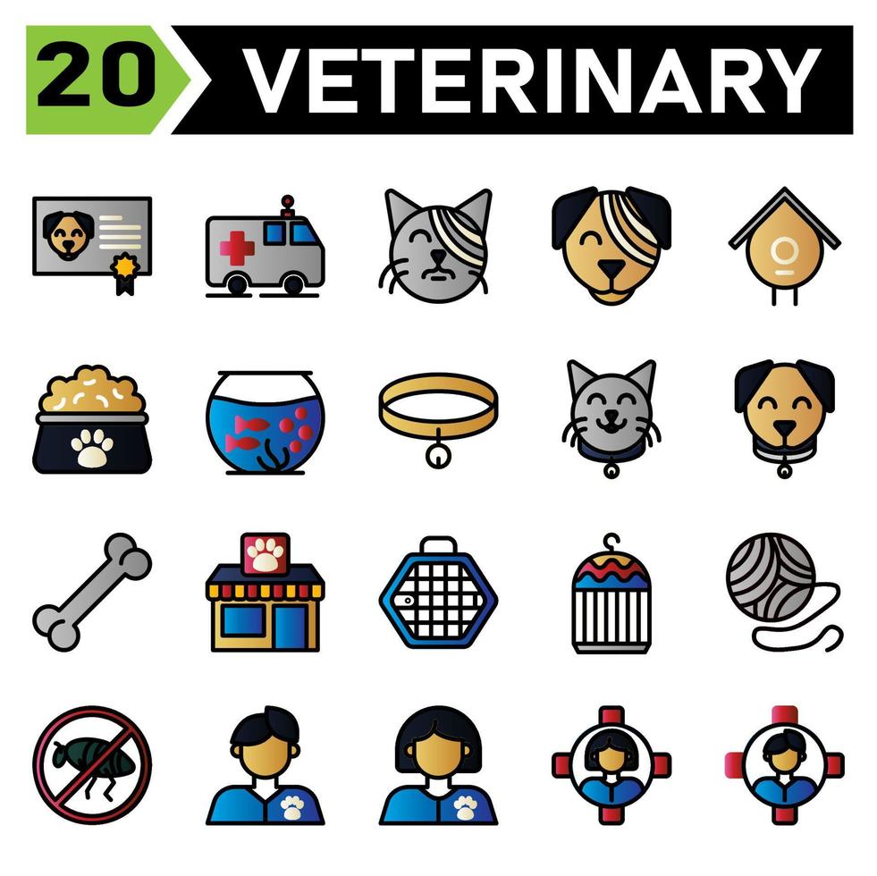 Veterinary icon set include certificate, vaccine, animal, pet, dog , ambulance, car, rescue, pet, animal rescue, bandage, cat, pet, vet, veterinary, bandage, dog, pet, vet, veterinary, birdhouse, nest vector