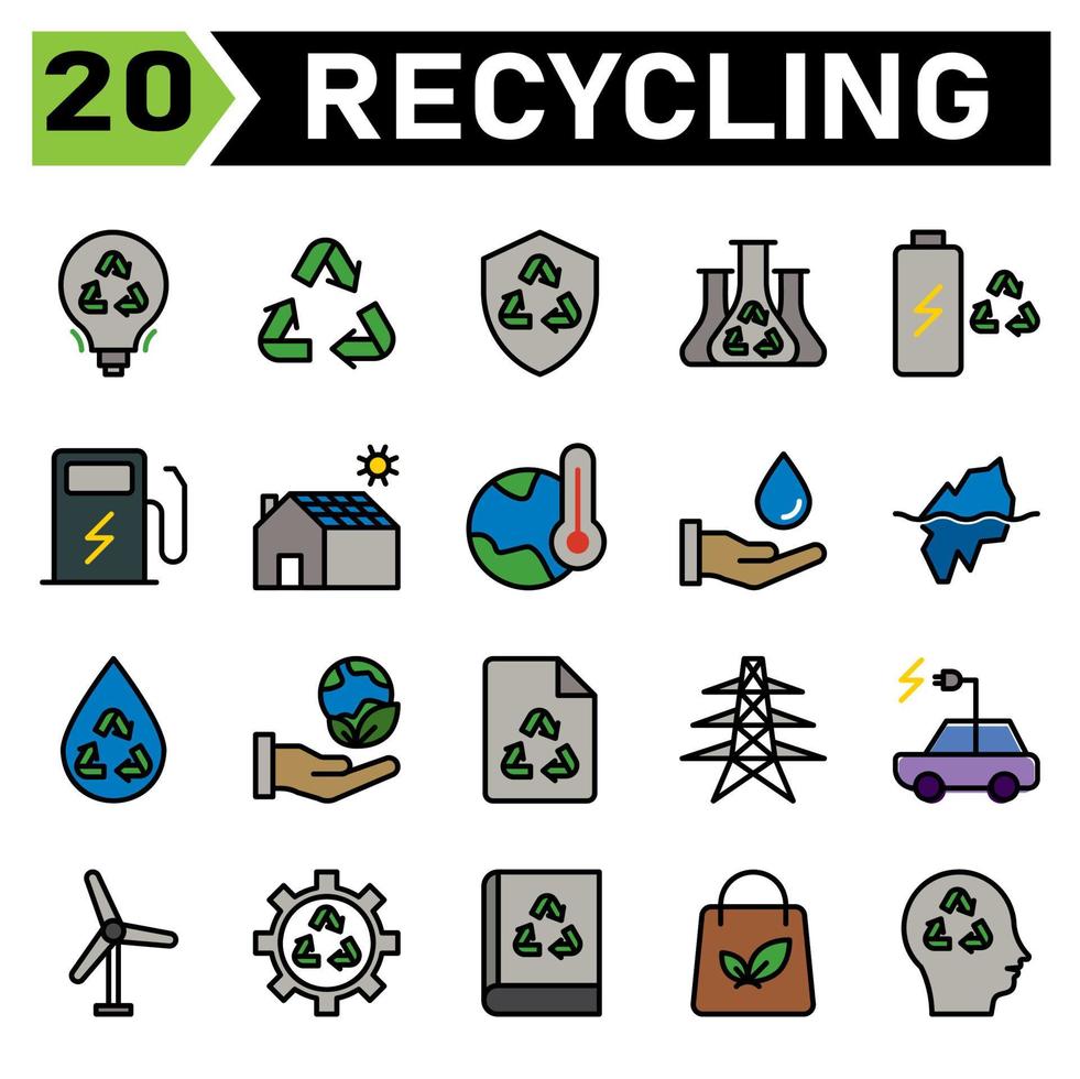 el conjunto de iconos de ecología y reciclaje incluye reciclaje, desperdicio, material, escudo, protección, química, ciencia, batería, carga, estación, electricidad, cargador, casa, solar, panel, hogar, termómetro, calentamiento vector