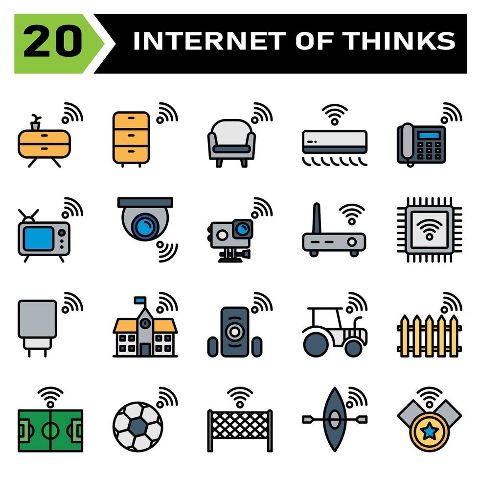 Internet of things icon set include cabinet, furniture, internet of things, sofa, couch, air conditioner, telephone, television, camera, action camera, router, processor, charger, port,school,building vector