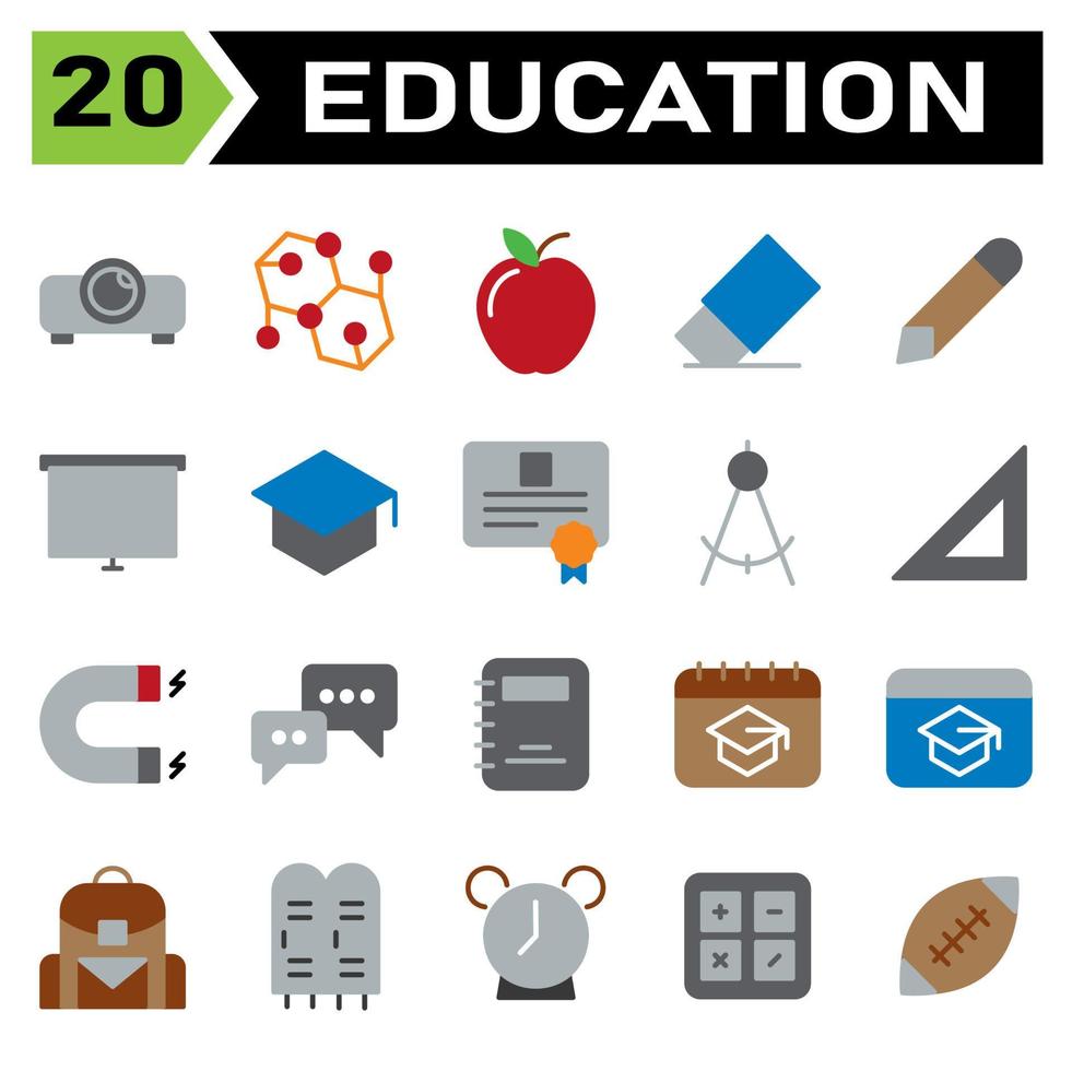 Education icon set include projector, projection, presentation, education, formula, study, science, school, apple, fruit, fruits, erase, eraser, remove, pencil, write, edit, draw, screen, board vector