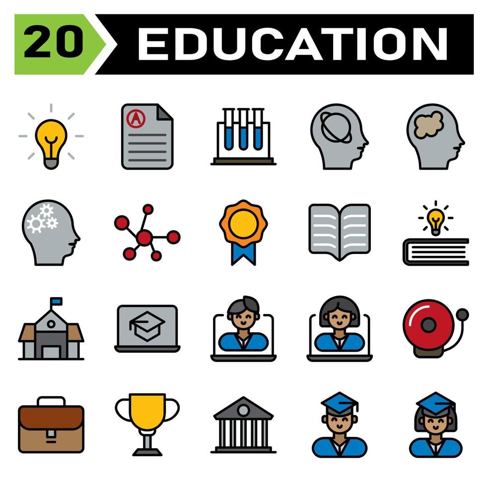 Education icon set include bulb, idea, light, genius, lamp, education, document, rapport, score, science, tube, test, biology, research, intelligence, artificial, head, planet, astronomy, brain, mind vector