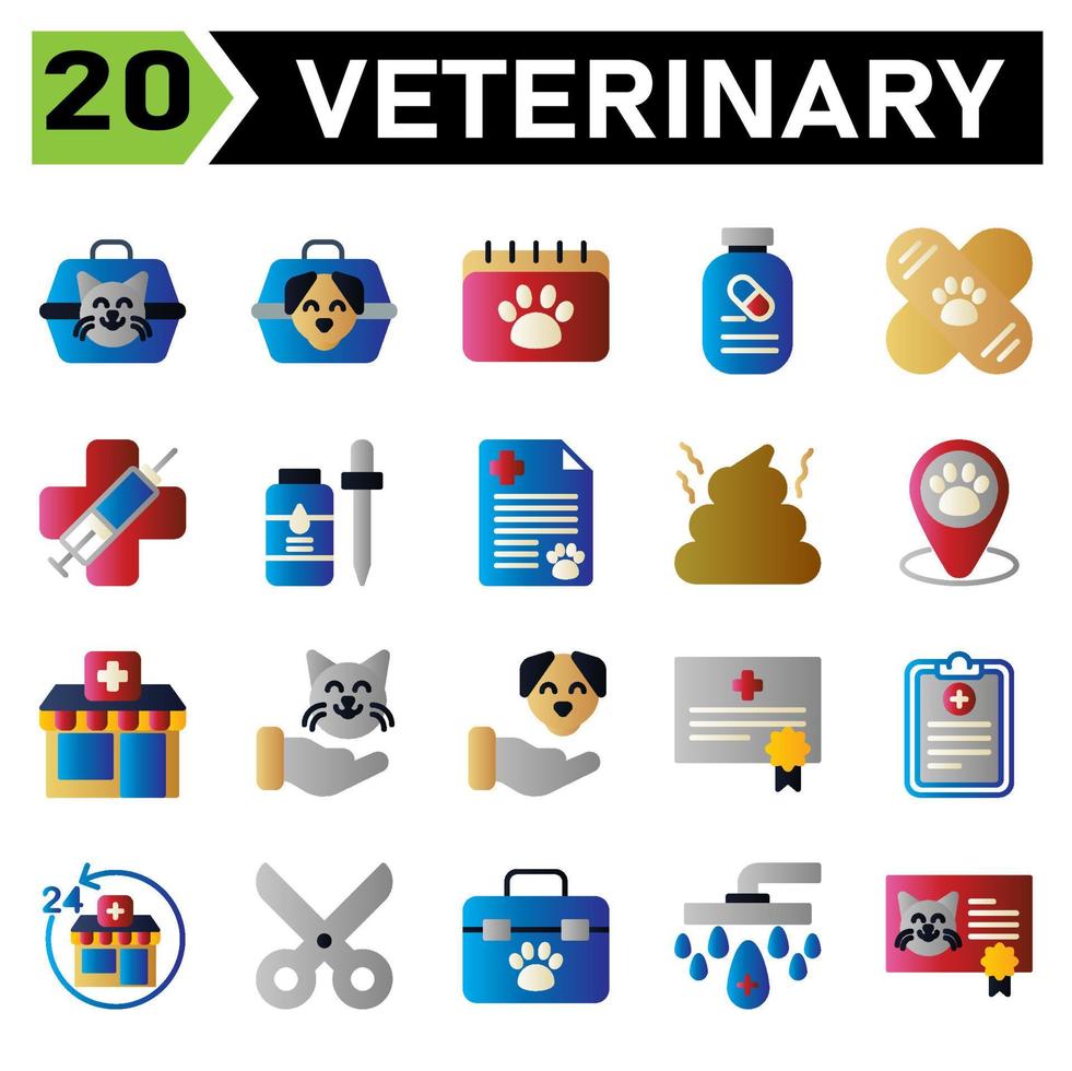 el conjunto de iconos veterinarios incluye portador, veterinario, mascota, caja, gato, perro, calendario, cita, veterinario, horario, medicación, suplemento, vitamina, vacuna, bandido, clínica, médico, jeringa, virus, huir vector