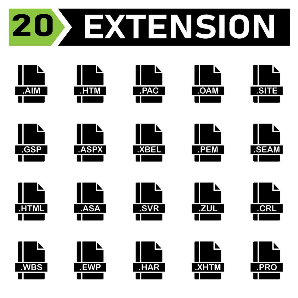 File extension icon set include aim, htm, pac, oam, site, gsp, aspx, xbel, pem, seam, html, asa, svr, zul, crl, wbs, ewp, har, xhtm, pro, file, document, extension, icon, type, set, format, vector