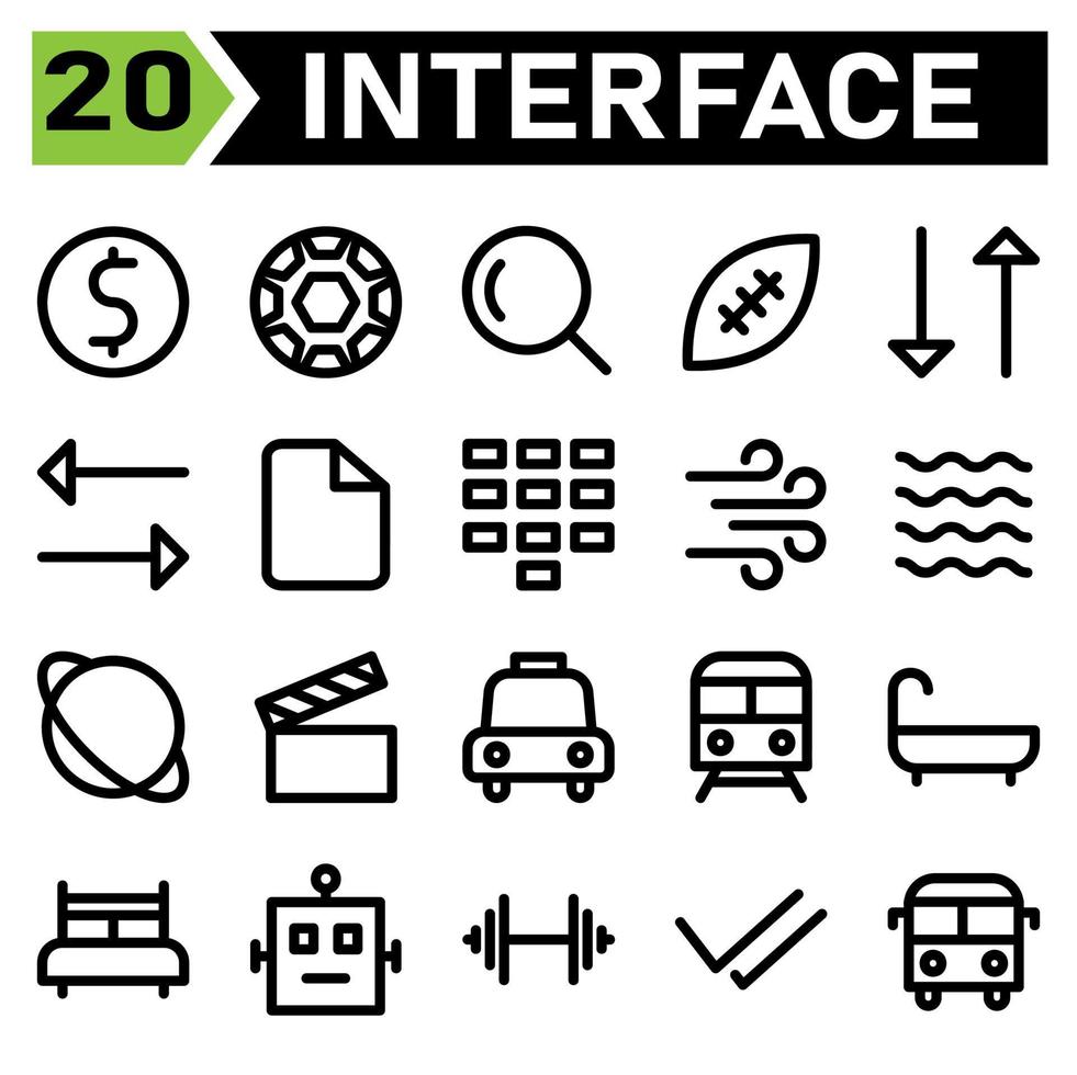 User interface icon set include dollar, money, value, symbol, sign, user interface, football, sport, ball, soccer, game, search, magnifying, glass, zoom, rugby, american, transfer, data, download vector