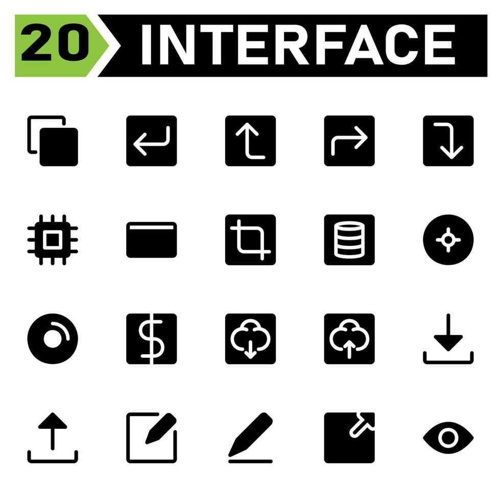 User interface icon set include corner, down, left, arrows, user interface, up, right, chip set, microchip, processor, credit, card, money, transaction, crop, measure, modify, database, storage, data vector