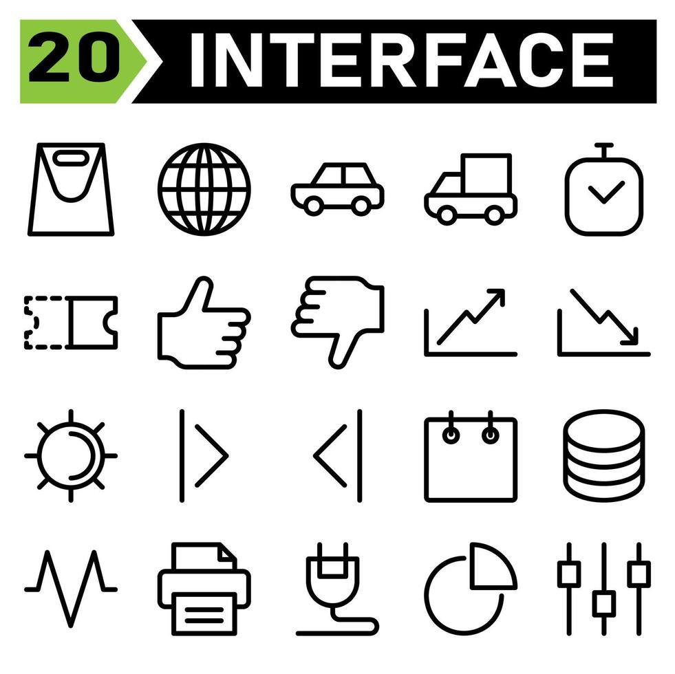 Web interface icon set include bag, web app, briefcase, case, portfolio, world, globe, global, earth, car, transportation, vehicle, automotive, truck, delivery, time, date, clock, bell vector