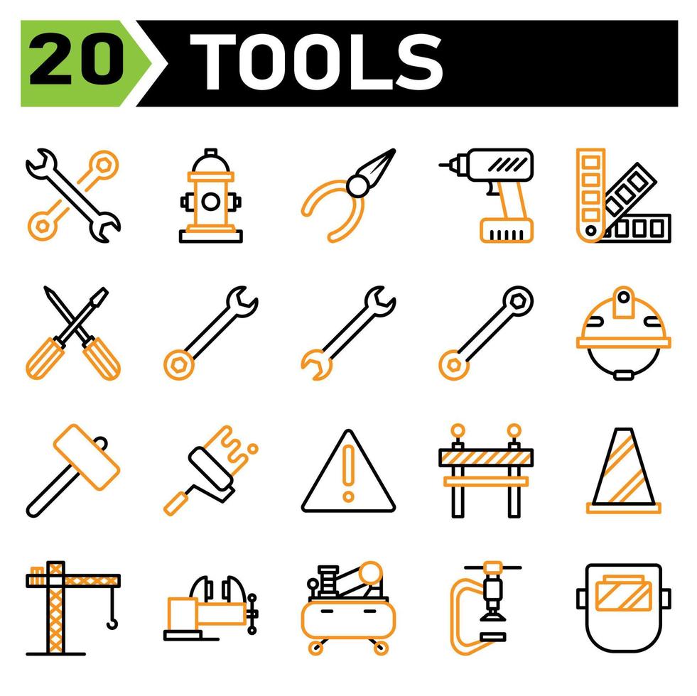 el conjunto de iconos de construcción de herramientas incluye llave inglesa, herramientas, llave inglesa, contracción, equipo, boca de riego, agua, boca de incendios, fuego, alicates, carpintero, personal de mantenimiento, técnico, taladro, herramienta, tono pan, color, pintura vector