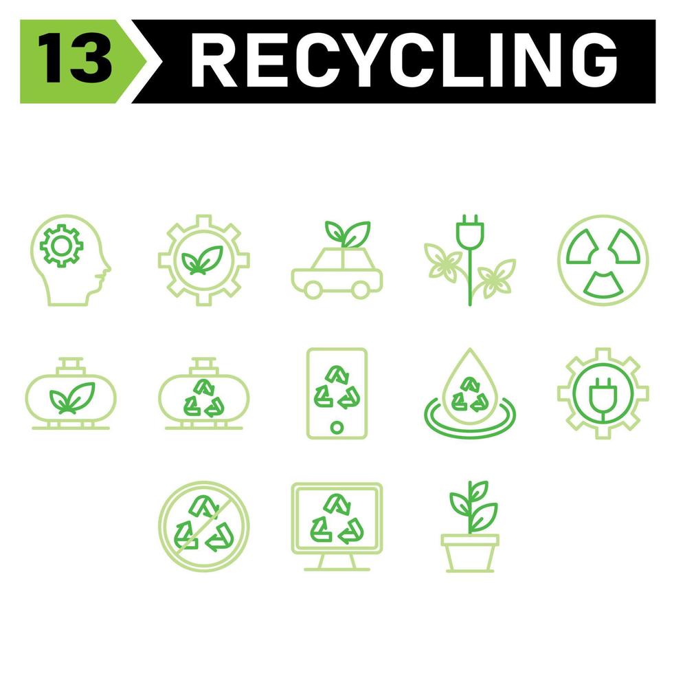 el conjunto de iconos de ecología y reciclaje incluye cabeza, equipo, medio ambiente, ecología, reciclaje, hoja, sostenible, coche, residuos, vehículo, energía, electricidad, reactor, nuclear, potencia, industria, tanque, eco, dispositivo, gadget vector