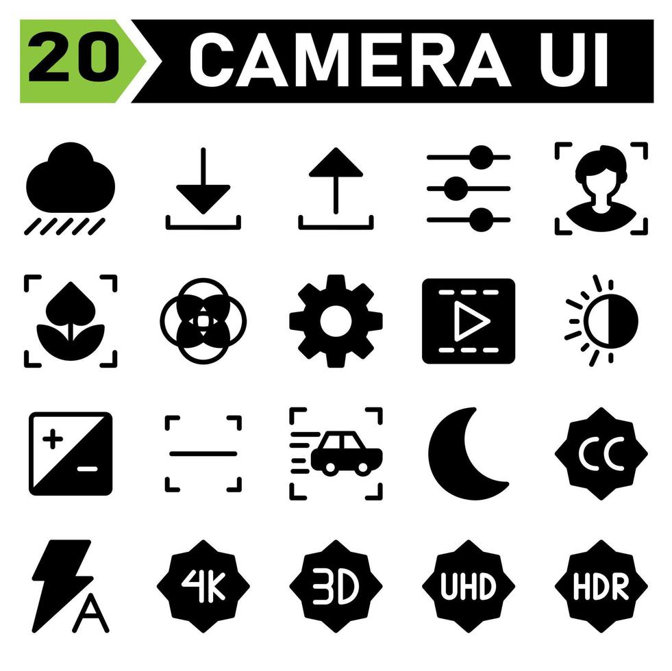 Photo Camera icon set include mode, cloud, rain, photo, camera, interface, download, upload, preferences, setting, adjustment, tools, option, face, macro, flower, shoot, gear, cogwheel, video, play vector