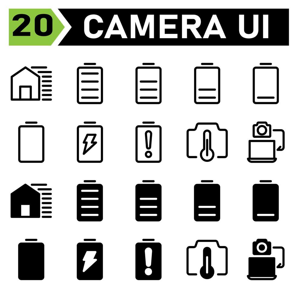 Photo Camera icon set include shadow, option, camera, device, house, bars, battery, energy, full, middle, low, very low, empty, charging, warning, photo filter, temperature, interface, transfer,laptop vector