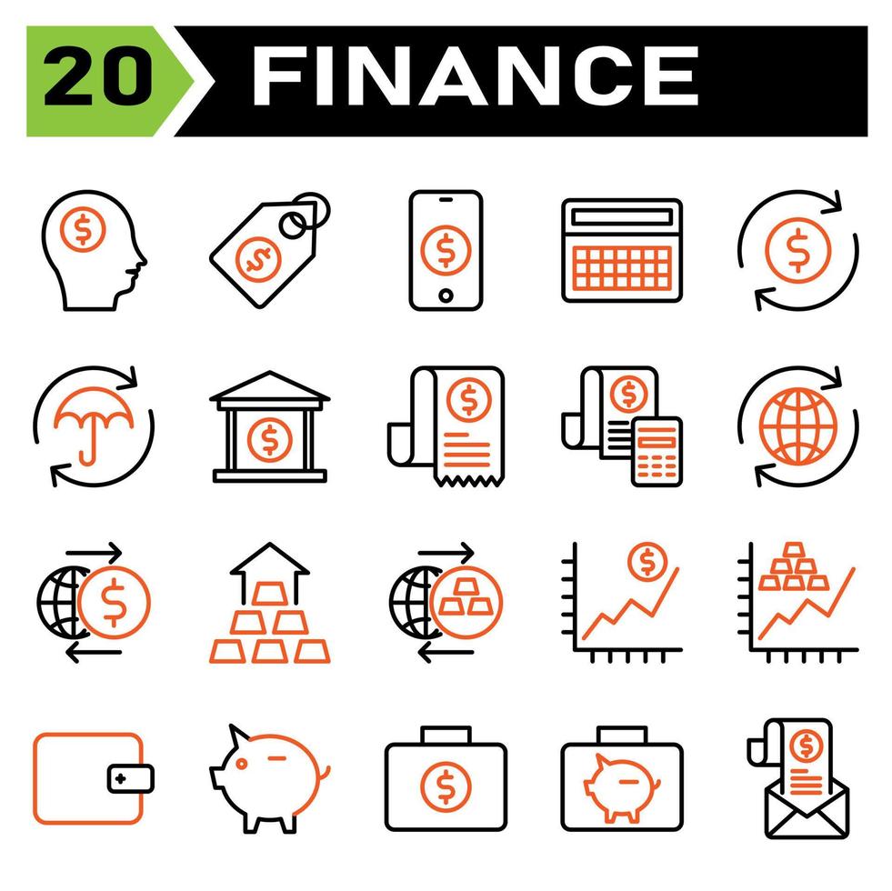 Finance icon set include head, money, dollar, business, rich, tag, label, price, shopping, phone, mobile, cell, investment, calculator, finance, accounting, math, refund, cash, flow, protect, market vector