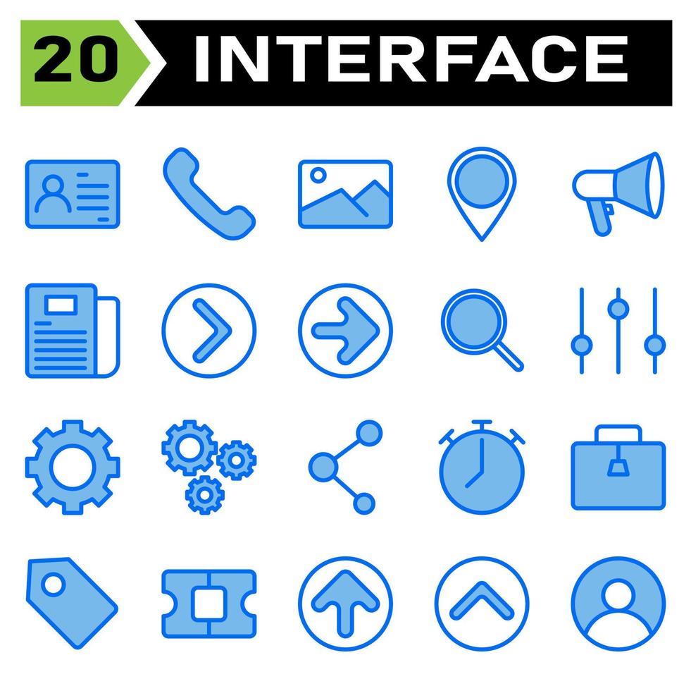 User interface icon set include id card, pass, identity, card, id, photo, phone, call, communication, talk, telephone, picture, image, gallery, scene, pin, map, attach, mention, mark, promotion vector