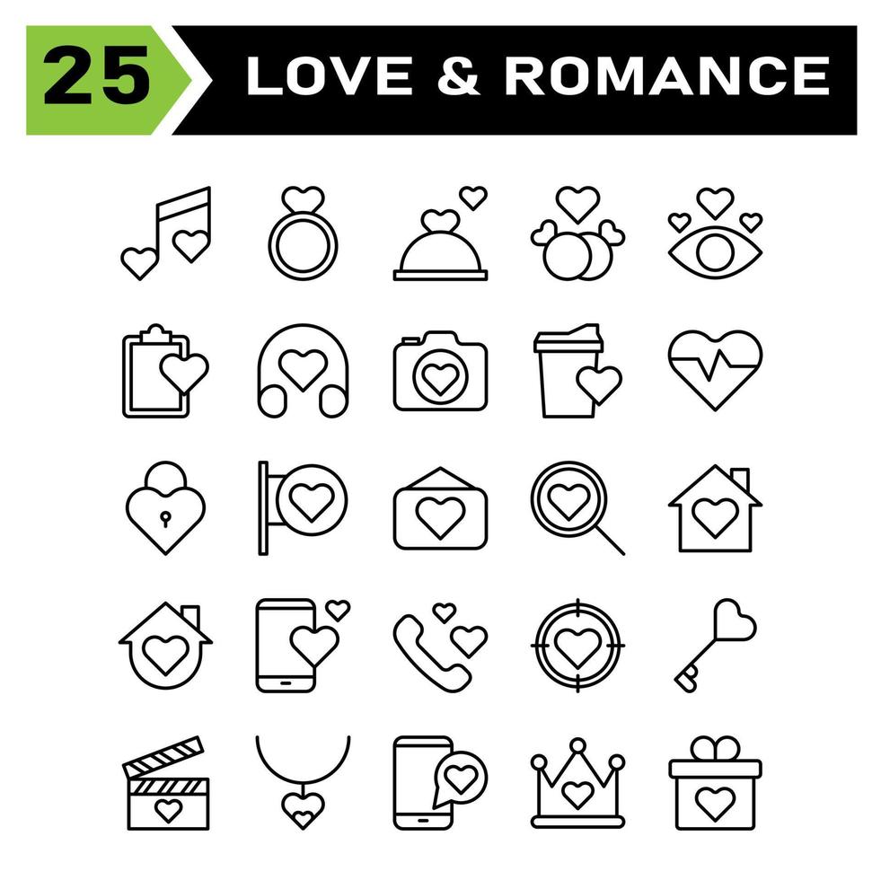 El conjunto de iconos de amor y romance incluye canción, música, boda, corazón, amor, joyería, anillo, matrimonio, cocina, restaurante, cena, cumpleaños, pareja, romance, ojo, lista, auriculares, cámara, documentación vector