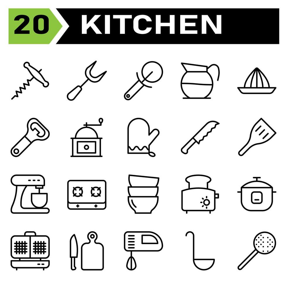 Kitchen equipment icon set include corkscrew, bottle, opener, wine, equipment, carving, carve, fork, kitchen, utensil, cutter, pizza, cut, coffee, decanter, pot, drink, press, squeezer, lemon, citrus vector