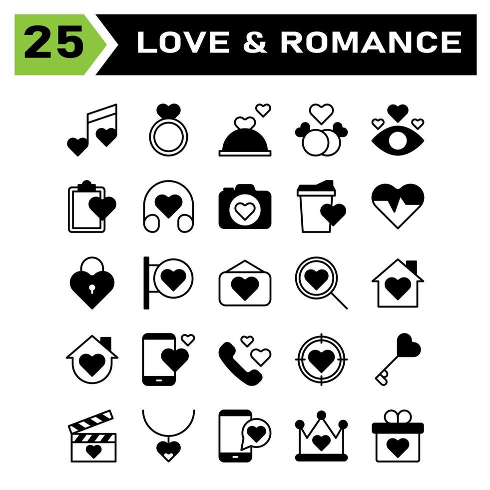 Love and romance icon set include song, music, wedding, heart, love, jewelry, ring, marriage, cooking, restaurant, dinner, birthday, couple, romance, eye, list, headphone, camera, documentation vector