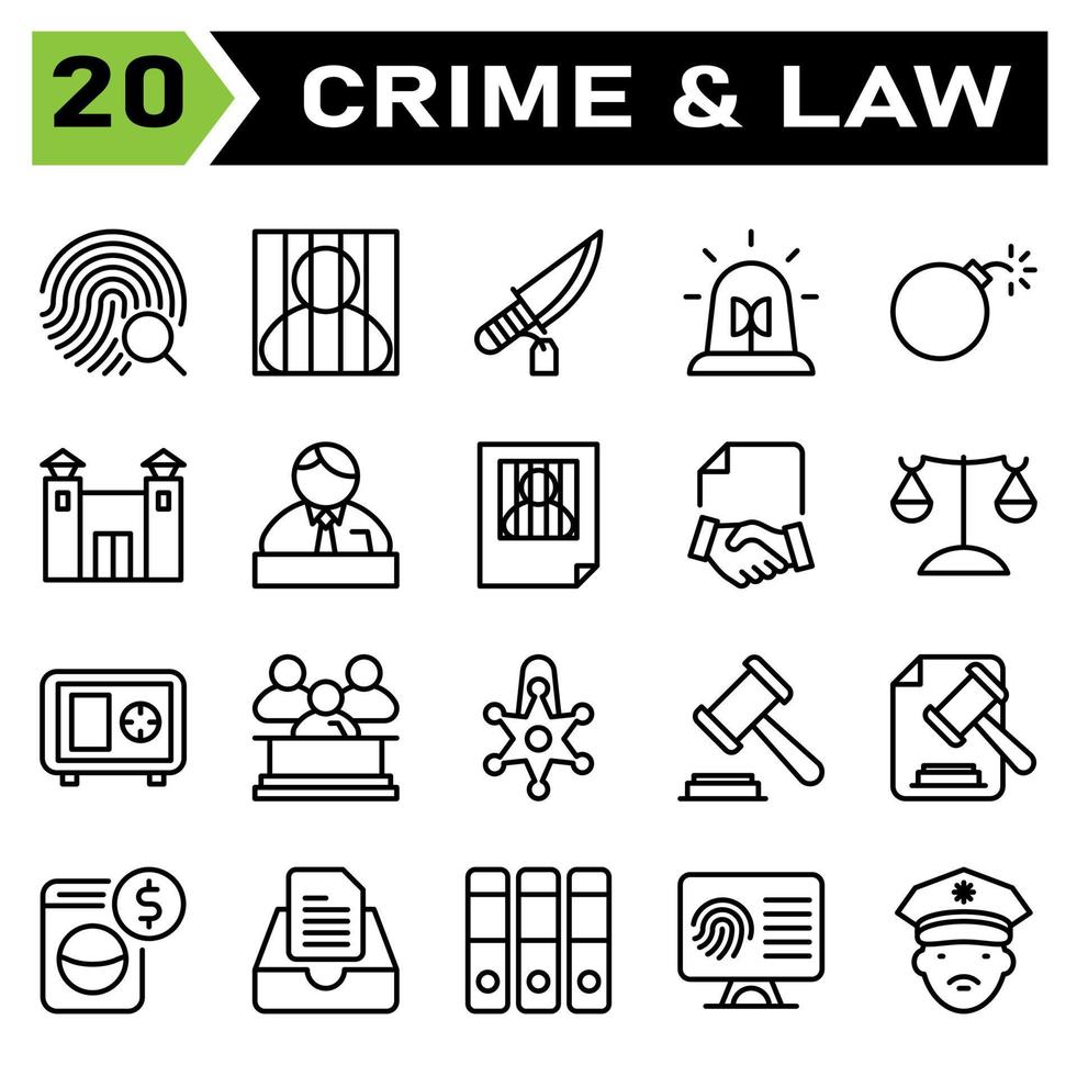 Crime and Law icon set include fingerprint, identification, investigation, evidence, search, jail, prisoner, criminal, convict, prison, knife, crime, weapon, siren, ambulance, police, emergency vector