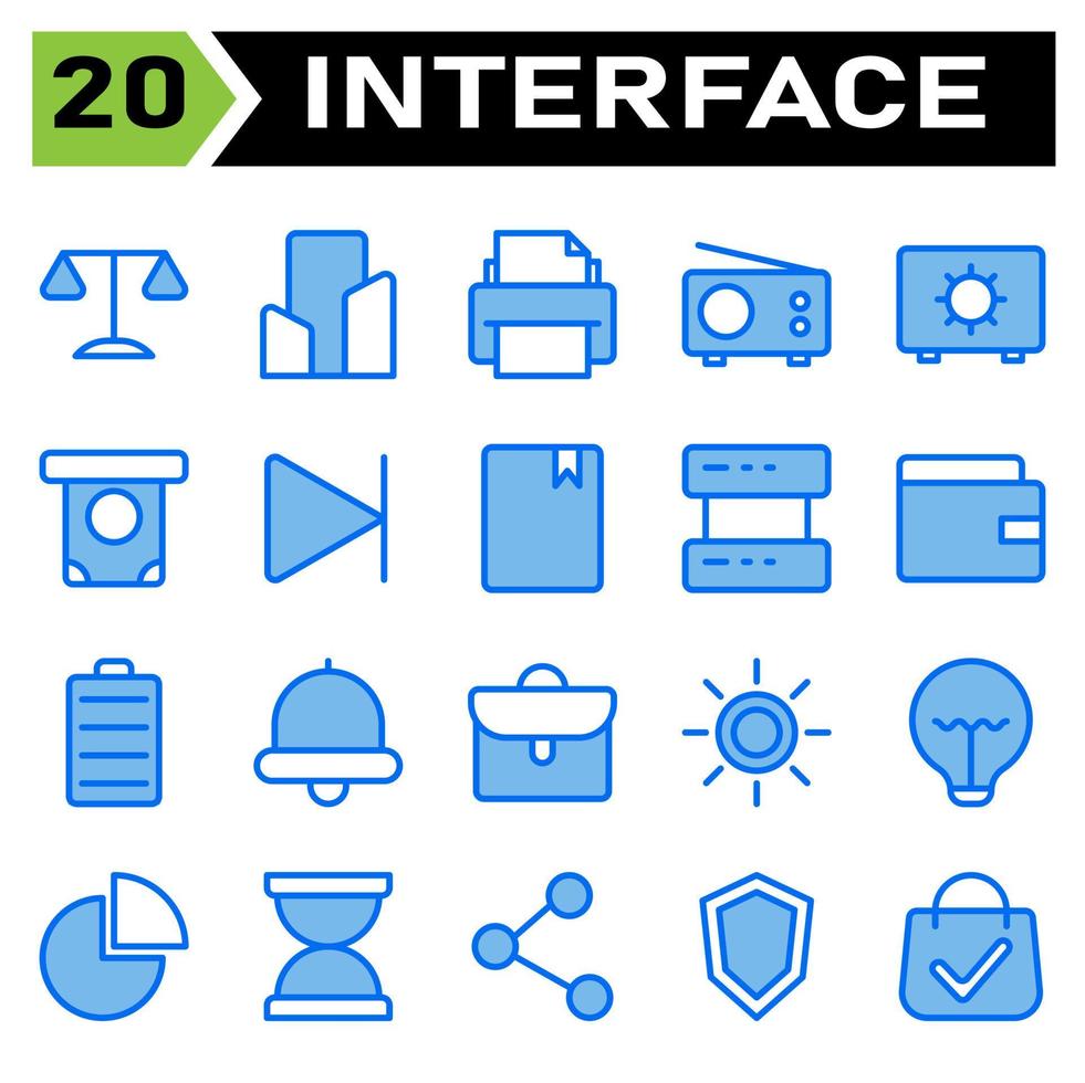 User interface icon set include legal, law, justice, court, crime, office, building, apartment, house, home, printing, print, printer, document, radio, transmission, device, fm, safe deposit vector