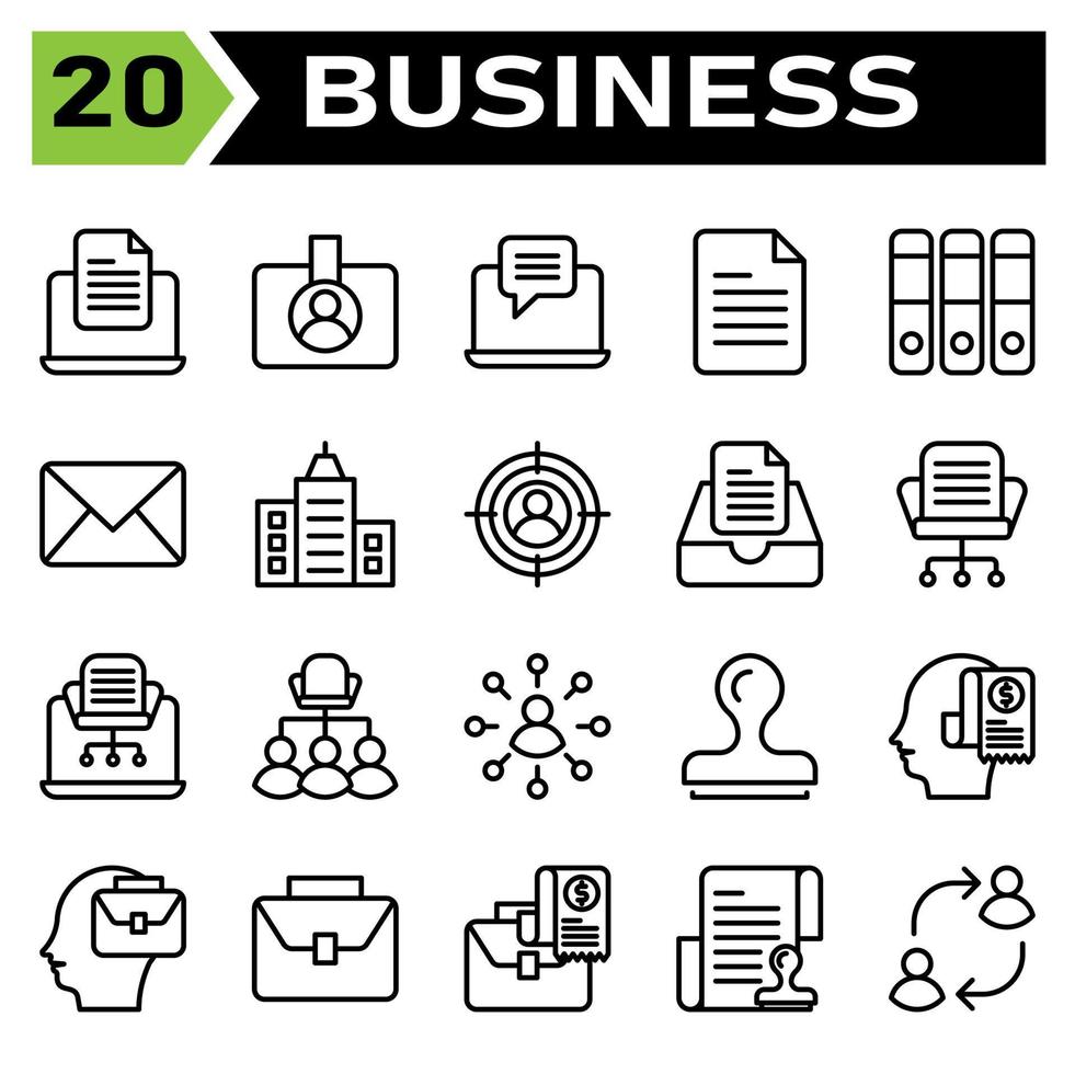 Office business icon set include laptop, document, office, work, device, filed, id card, badge, identification, id, card, chat, message, email, file, list, folder, files, binders, mails, letter vector