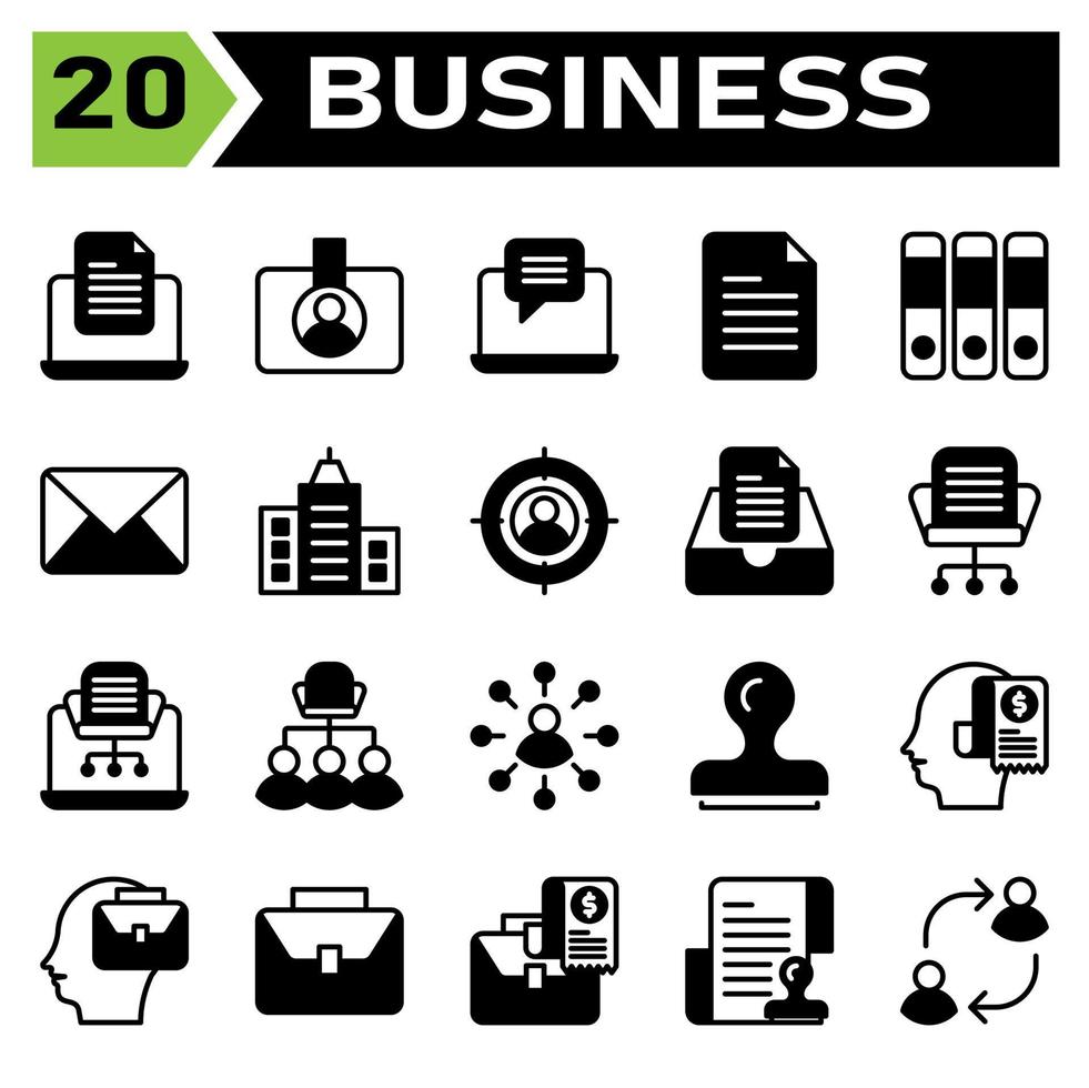 Office business icon set include laptop, document, office, work, device, filed, id card, badge, identification, id, card, chat, message, email, file, list, folder, files, binders, mails, letter vector