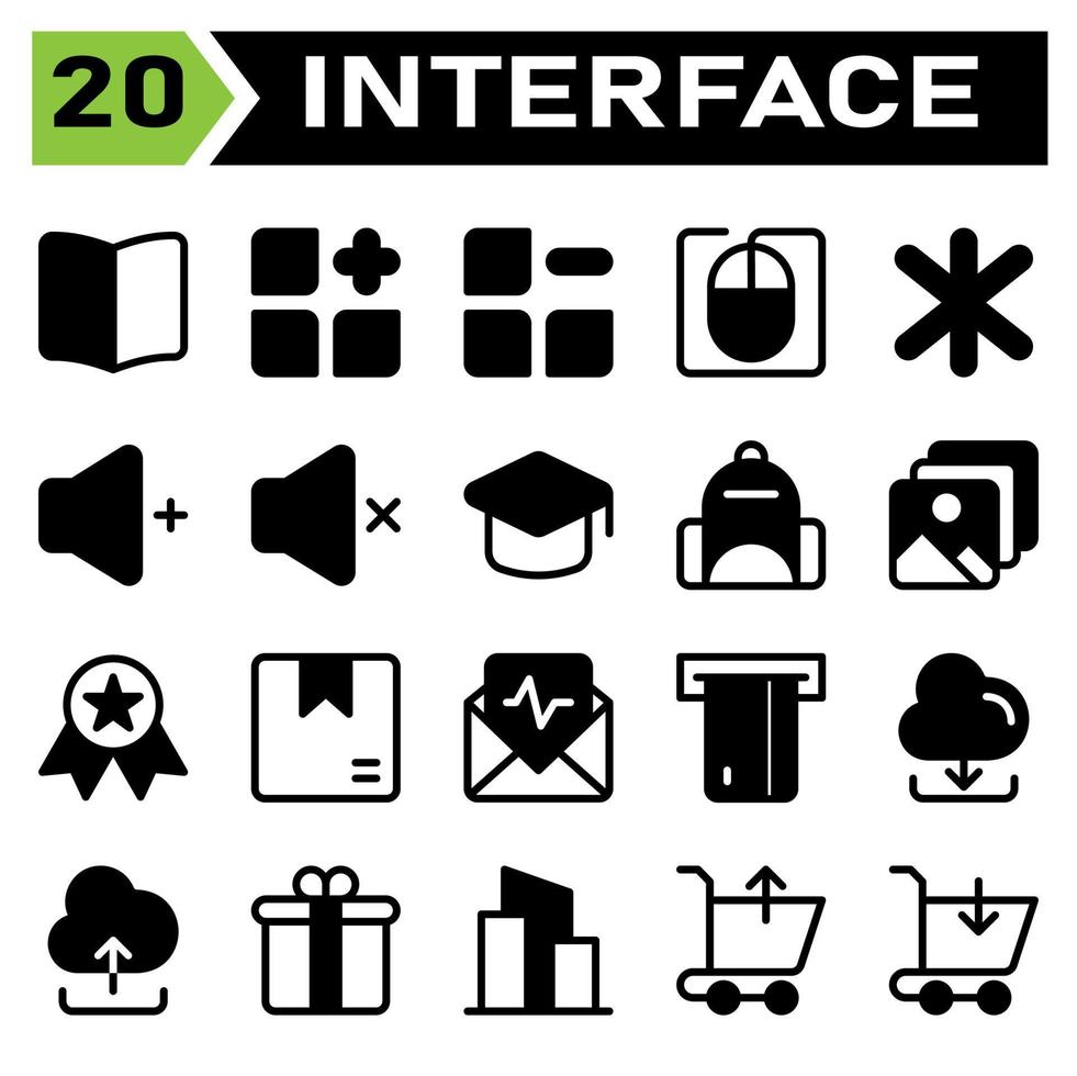 User interface icon set include book, guide, manual, read, instruction, menu, add, new, apps, category, remove, delete, mouse, computer, cursor, user interface, asterisk, multiple, star, favorite vector