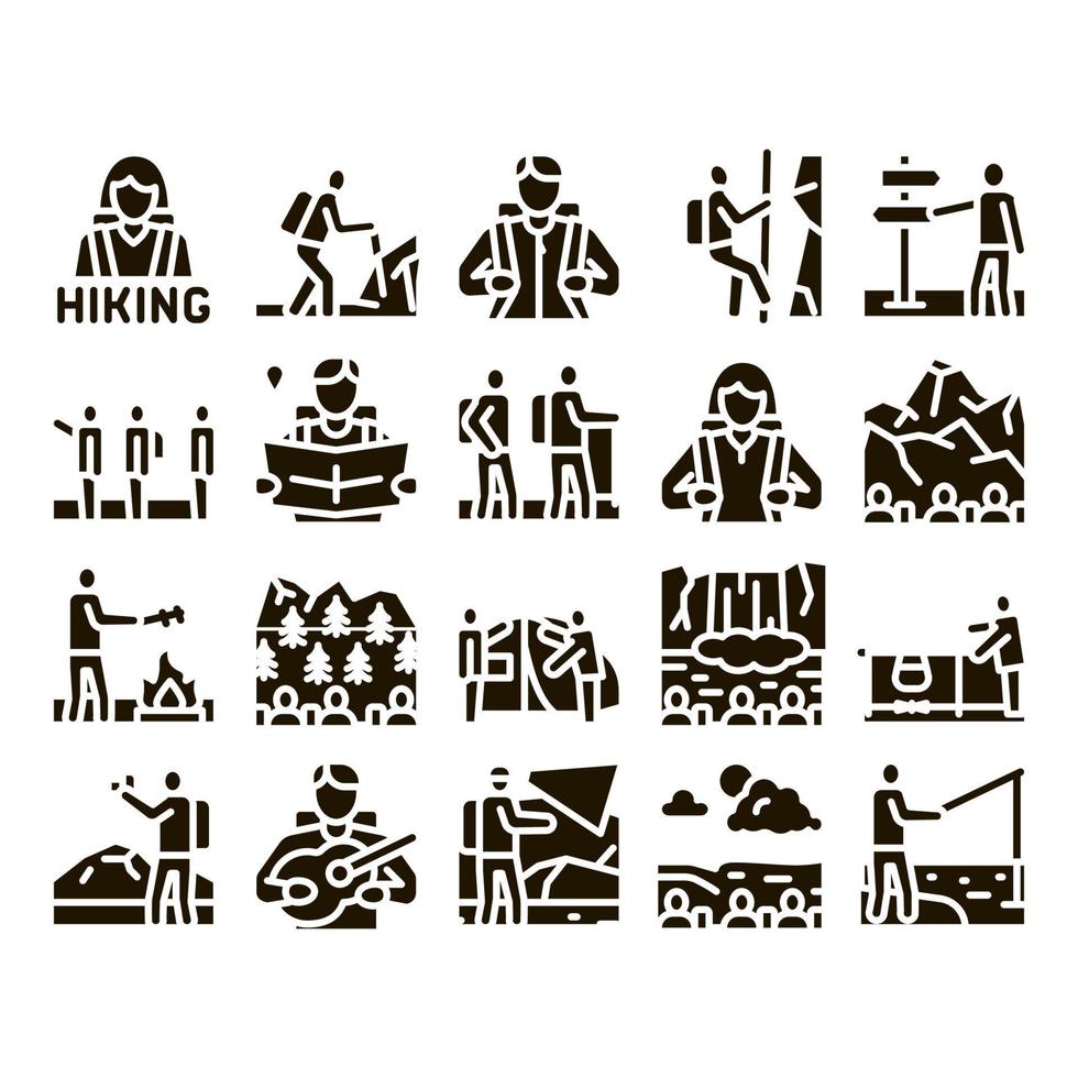 Hiking Extreme Tourism Glyph Set Vector