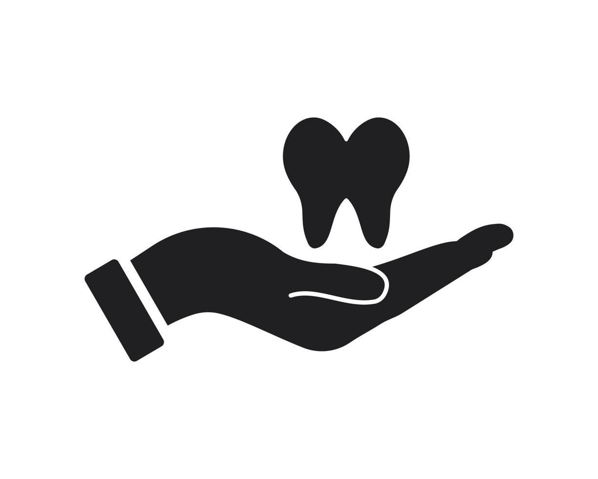 diseño del logo de los dientes de la mano. logotipo de cuidado dental con vector de concepto de mano. diseño de logotipo de manos y dientes