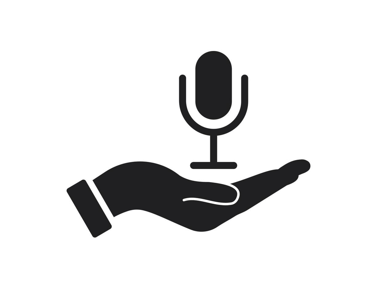 diseño del logo del micrófono de mano. logotipo de micrófono con vector de concepto de mano. diseño de logotipo de mano y micrófono