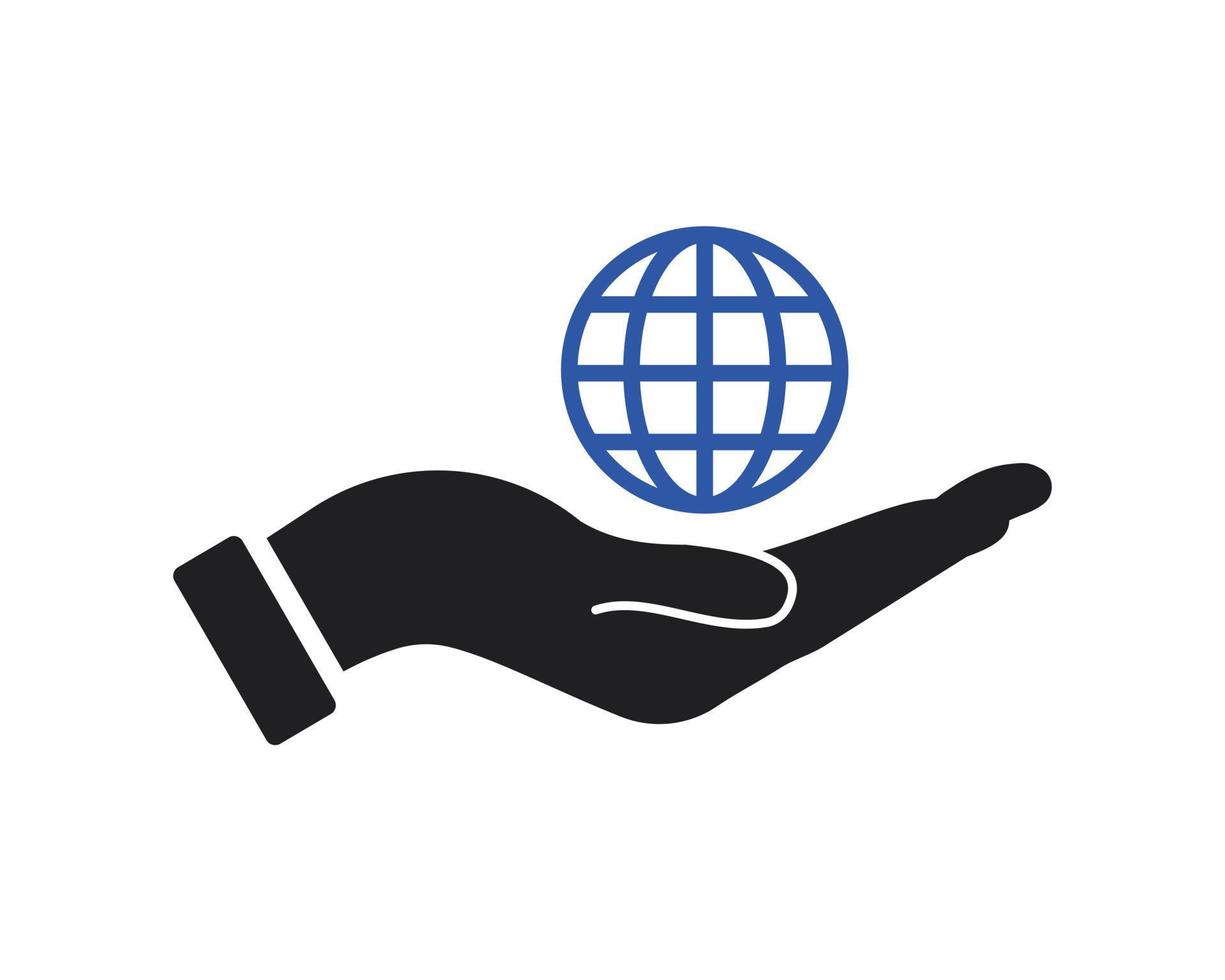 diseño de logotipo de globo de mano. logo mundial con vector de concepto de mano. diseño de logotipo de mano y mundo