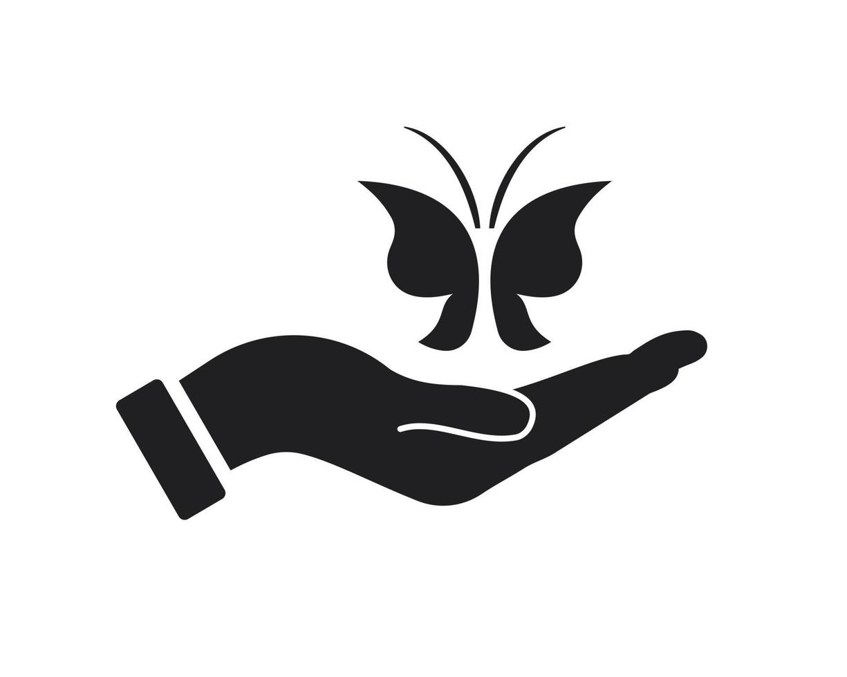 diseño de logotipo de mariposa de mano. logotipo de spa con vector de concepto de mano. diseño de logotipo de mano y mariposa