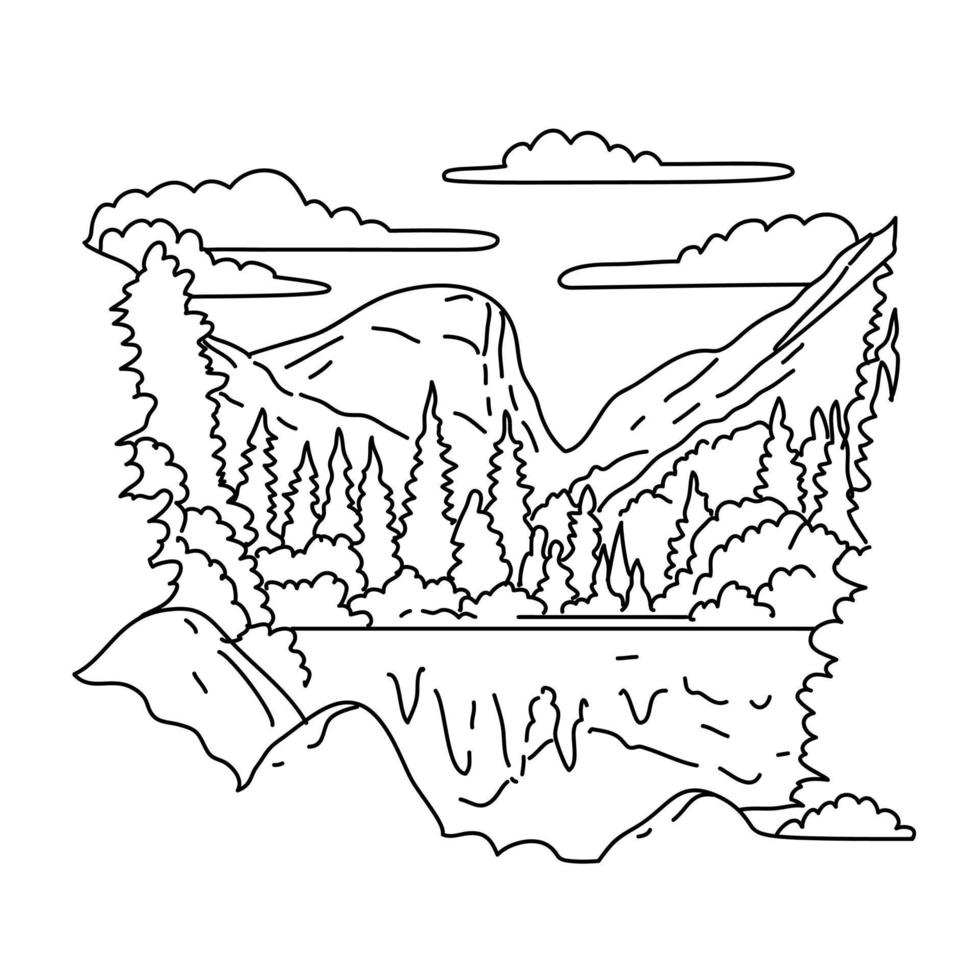 Mirror Lake Trail in Yosemite National Park California Monoline Line Art Drawing vector