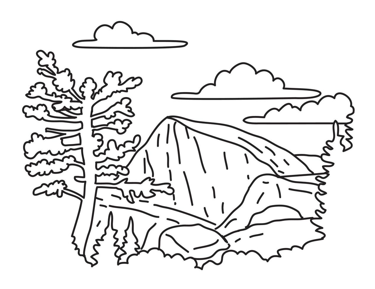 North Dome on the Indian Ridge Yosemite National Park California Monoline Line Art Drawing vector