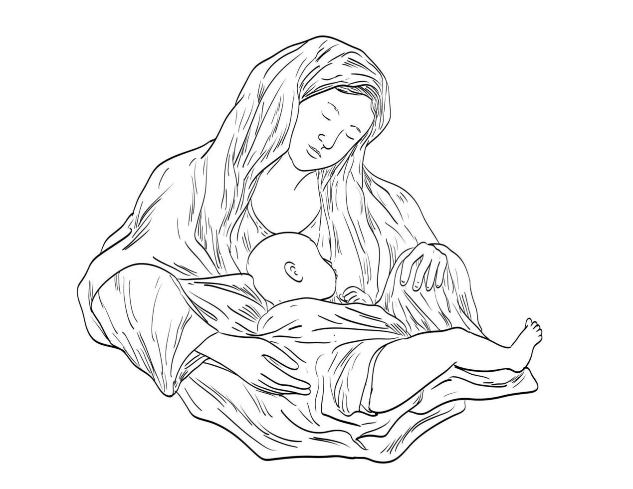 madonna y el bebé niño jesús estilo medieval dibujo de arte lineal vector