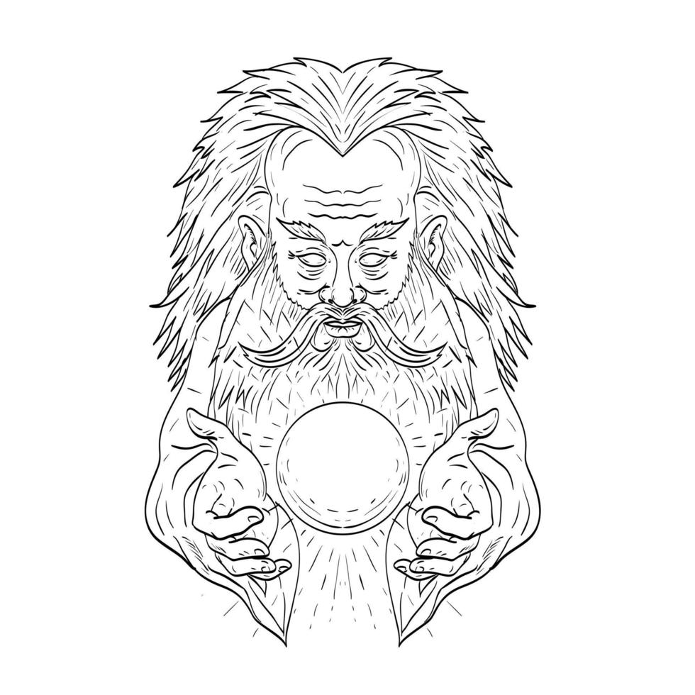 Mystic Man with Crystal Ball Medieval Style Line Art Drawing vector