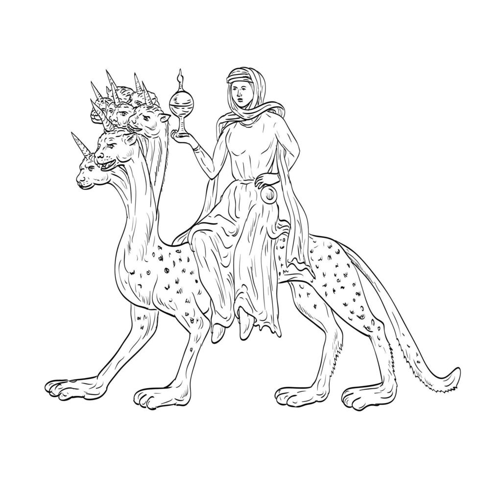 Babylon the Great or Mother of Harlots in the Book of Revelation Medieval Style Line Art Drawing vector
