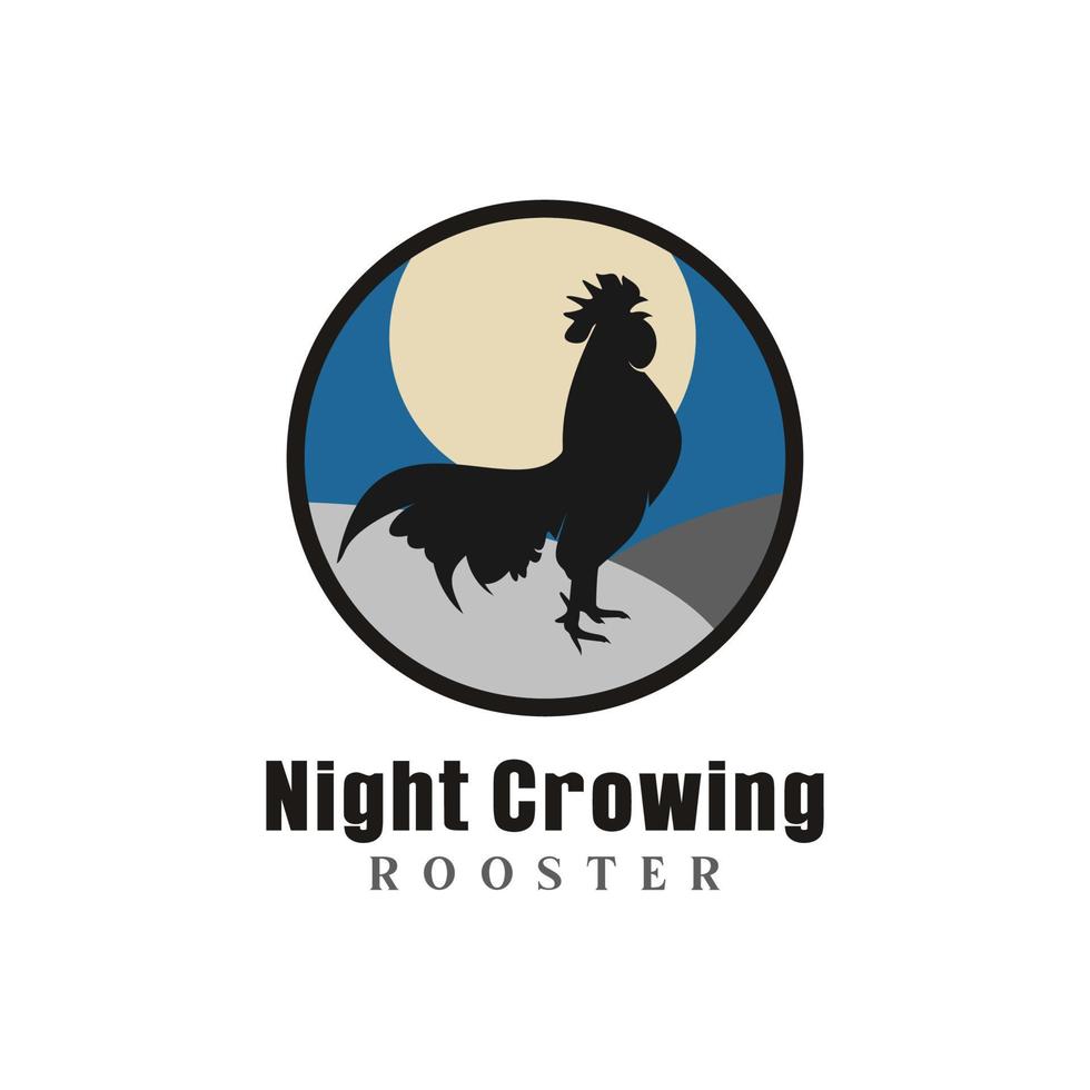 Rooster Crowing At Night Emblem Logo Vector design