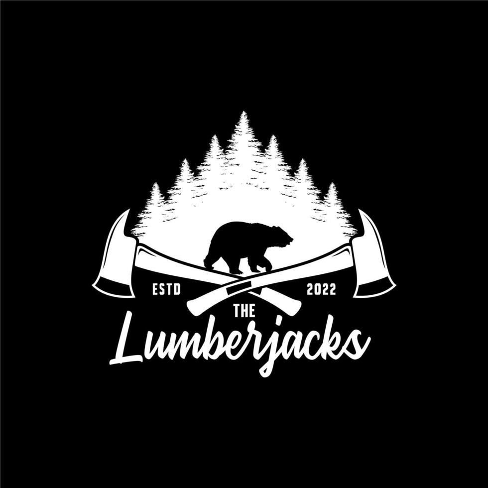 logotipo de leñadores con oso, bosque y diseño de etiqueta de vector de hacha cruzada para diseño de camiseta