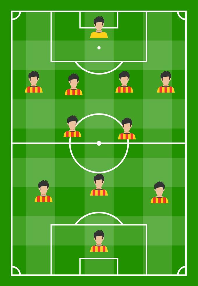 Football field with green grass and with eleven players. Vector illustration