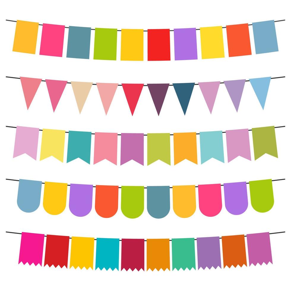 Colorful flags and bunting garlands for decoration. Decor elements with various patterns. Vector illustration