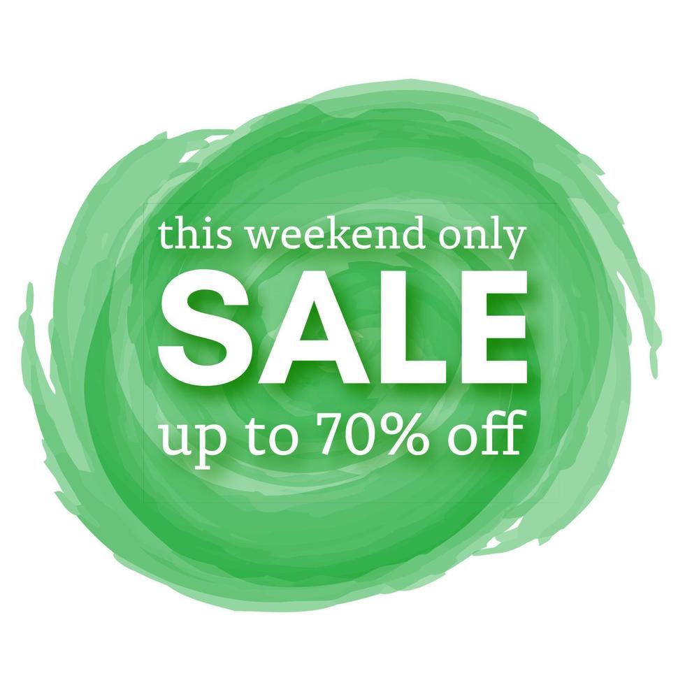 Sale this weekend only up to 70 off sign with shadow over red watercolor spot. Vector illustration.