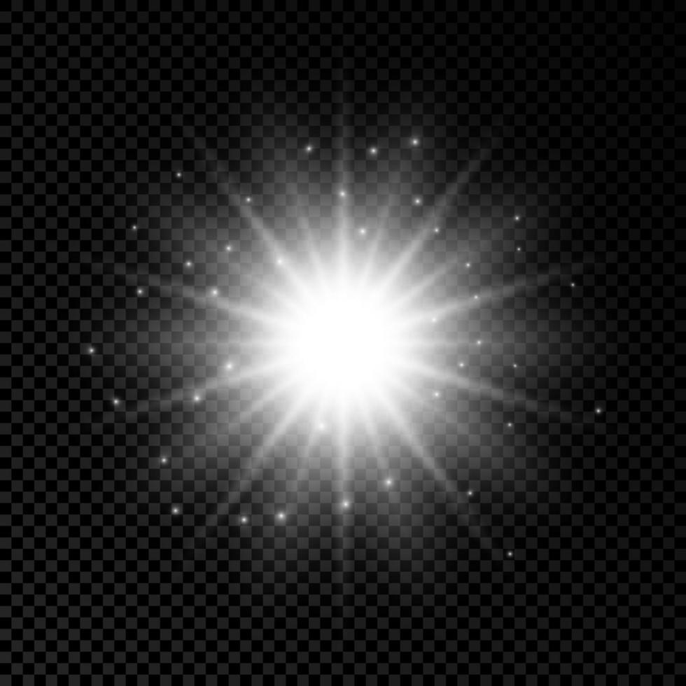 efecto de luz de destellos de lente. luces blancas brillantes efectos de explosión estelar con destellos sobre un fondo transparente. ilustración vectorial vector