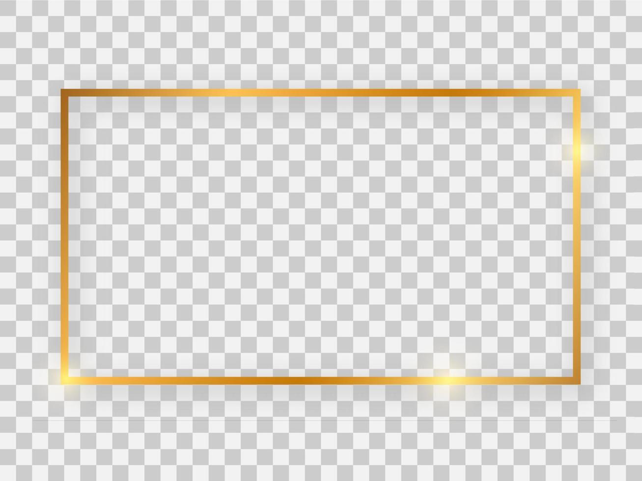 Gold shiny 16x9 rectangular frame with glowing effects and shadows on transparent background. Vector illustration