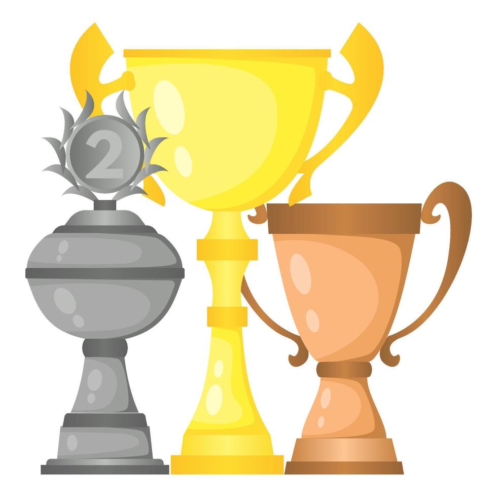 Set of vector trophy champion cups in gold, silver and bronze. Championship prizes for first, second and third place. Victory symbols isolated on white background.