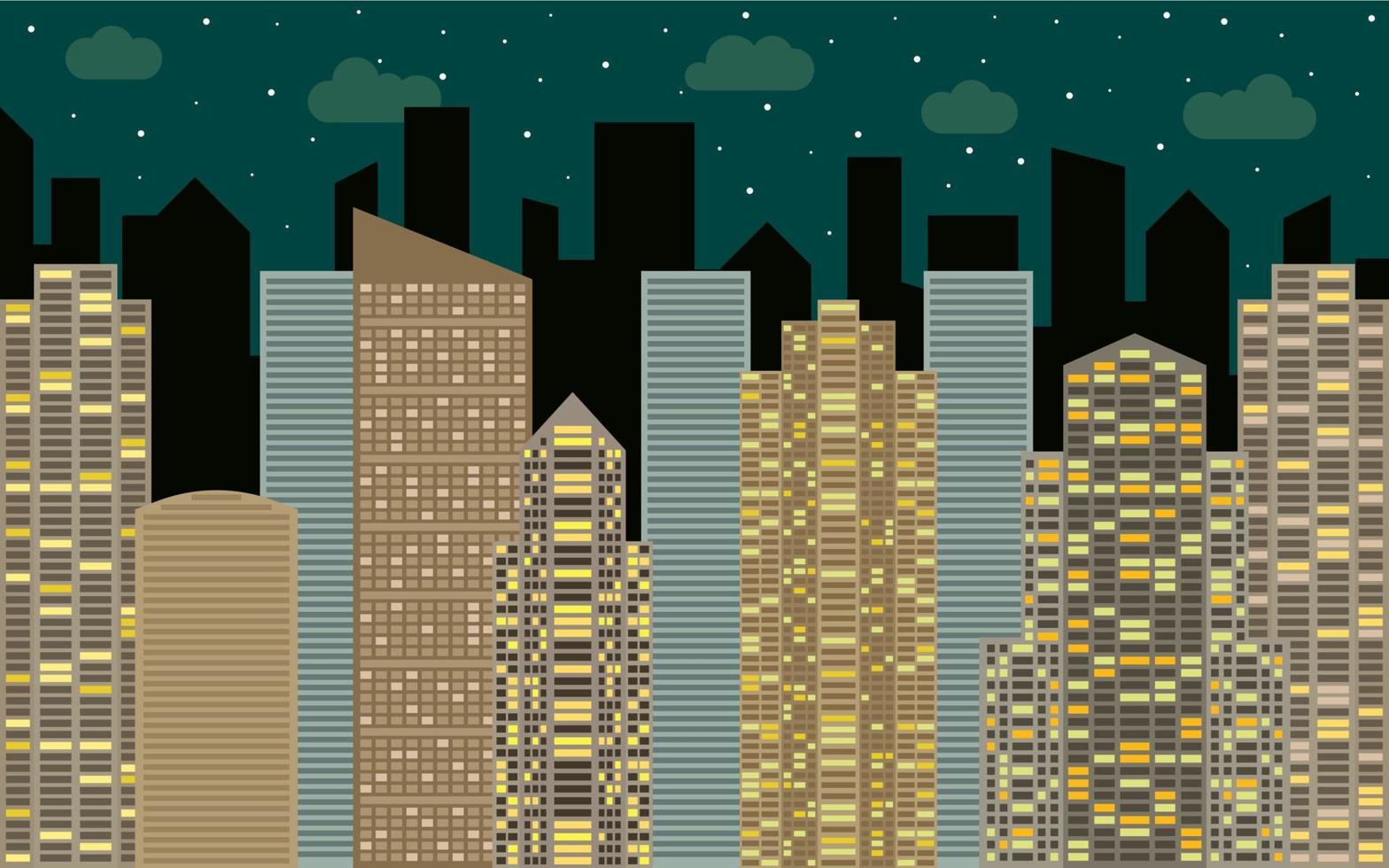 Night urban landscape. Street view with cityscape, skyscrapers and modern buildings at sunny day. City space in flat style background concept. vector