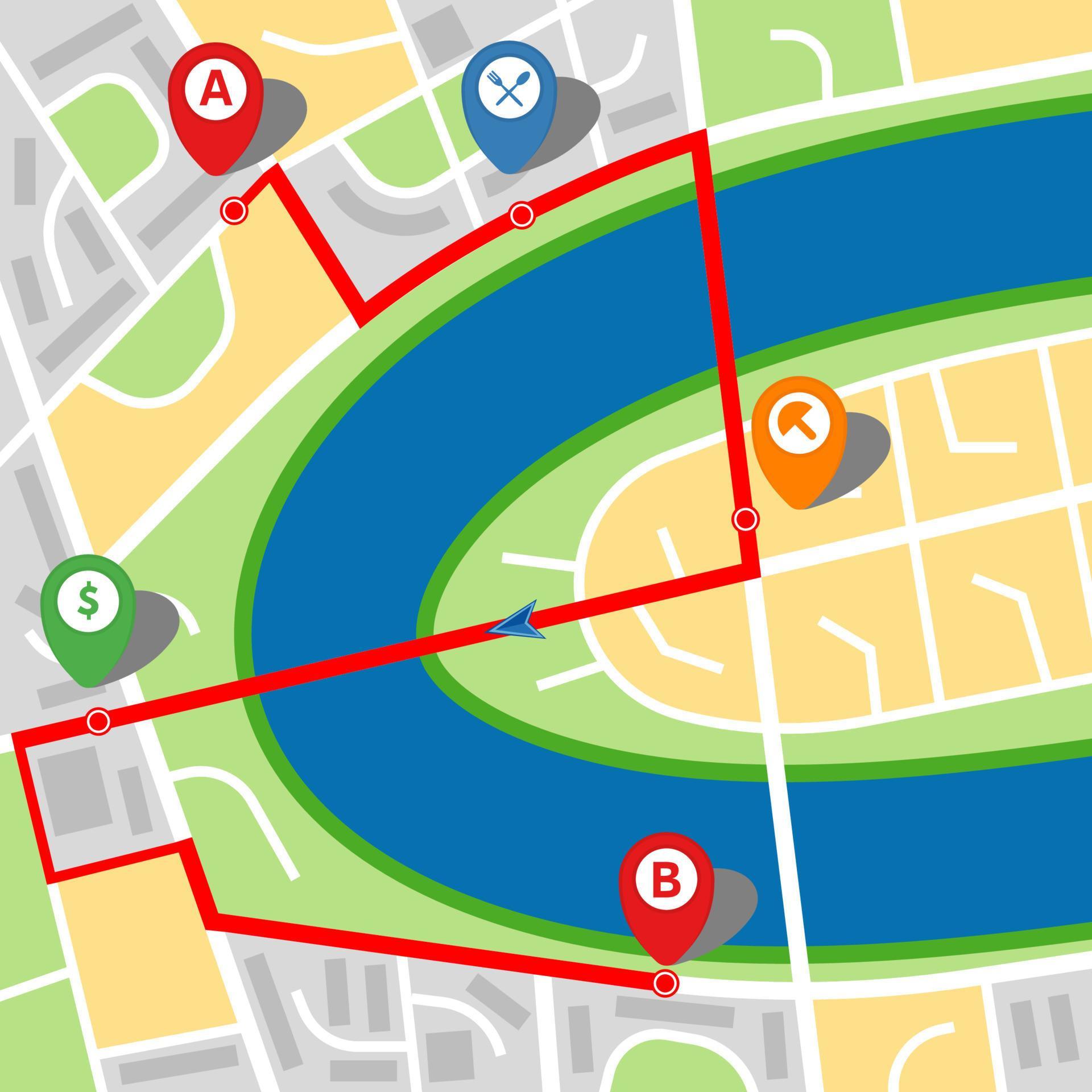City map of an imaginary city with a river and multistop route. Vector