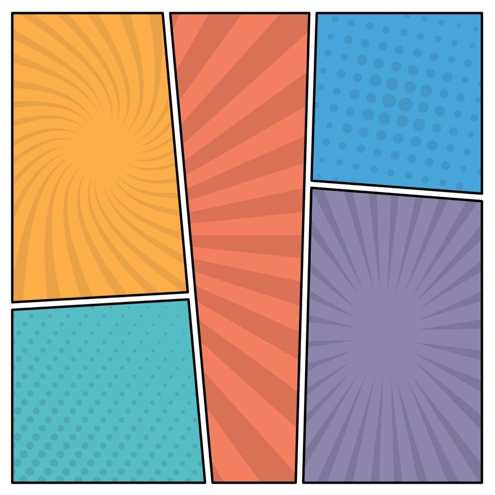 Colorful comic book page background in pop art style. Empty template with rays and dots pattern. Vector illustration