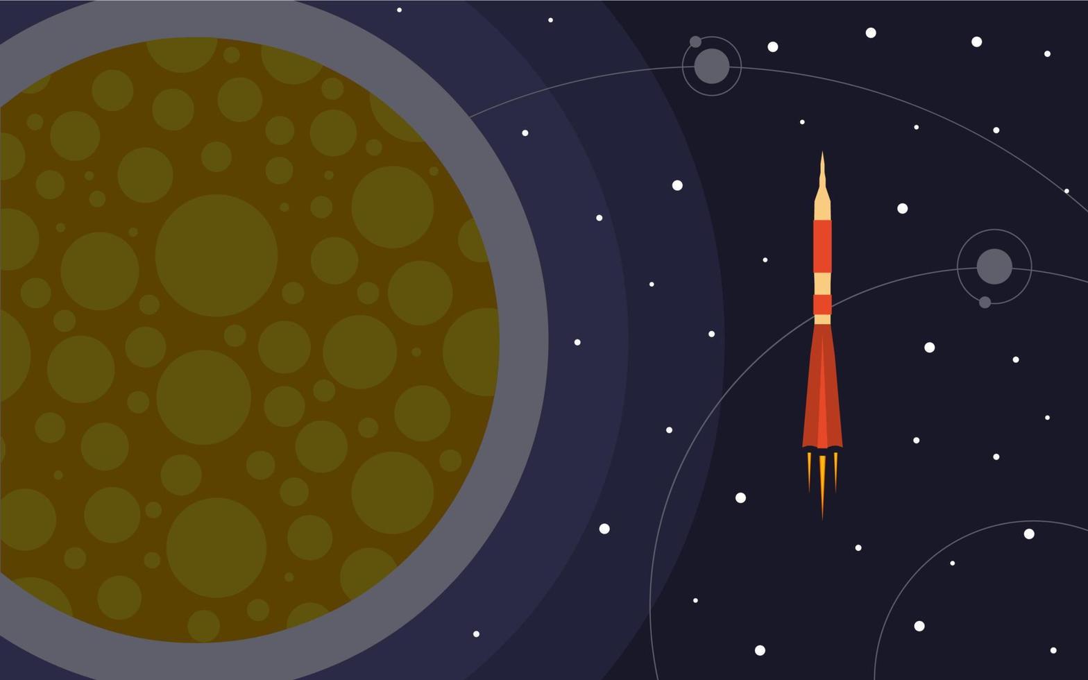 The rocket in space near the planet. Space trip. Vector illustration of rocket flight.